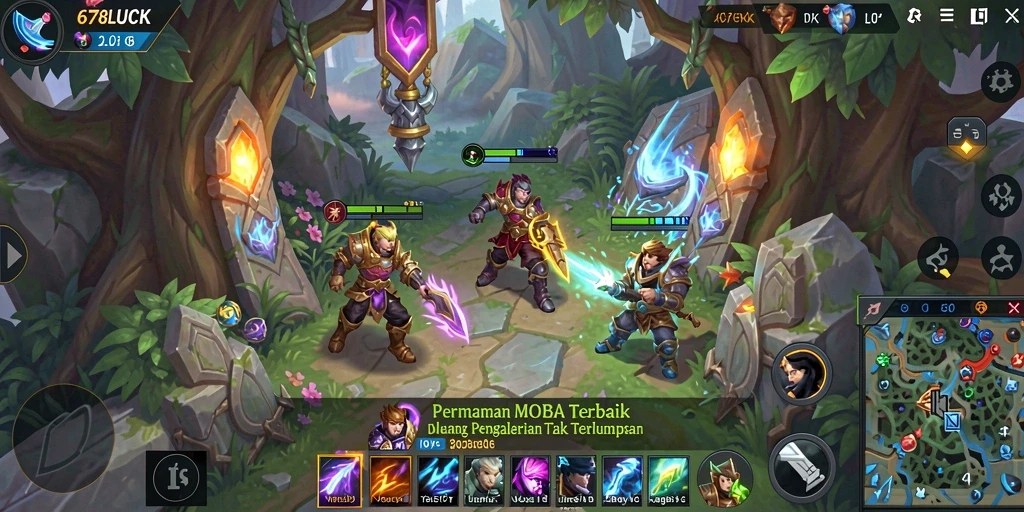 Screenshot utama menampilkan pertarungan seru di arena MOBA.