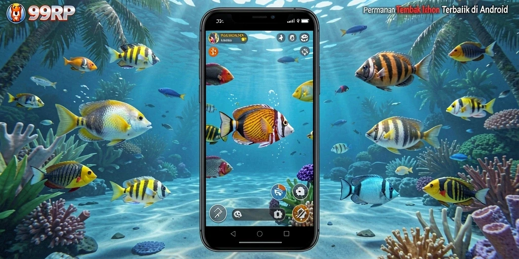 Screenshot gameplay 99RP menampilkan aksi seru menangkap ikan.