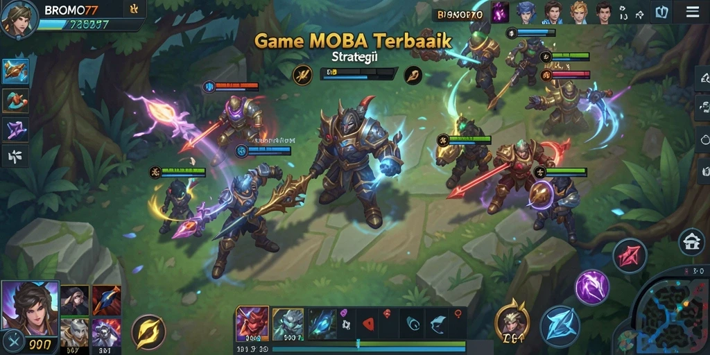 Tangkapan layar BROMO77 menampilkan aksi pertempuran yang seru di arena MOBA.