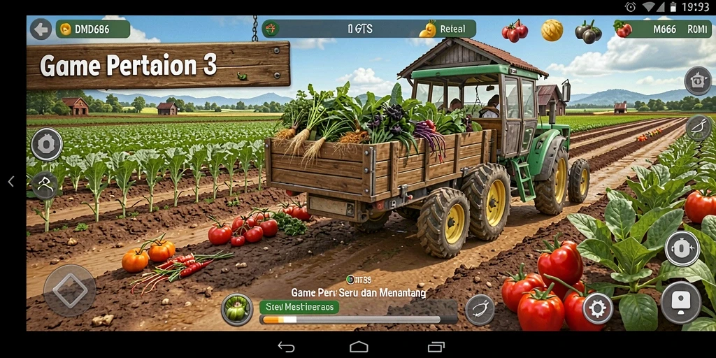 Screenshot gameplay DMD686 menampilkan ladang yang subur dan penuh warna.