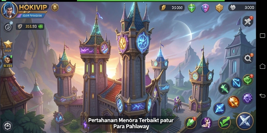 Tangkapan layar HOKIVIP menampilkan aksi menara bertahan melawan gelombang musuh.