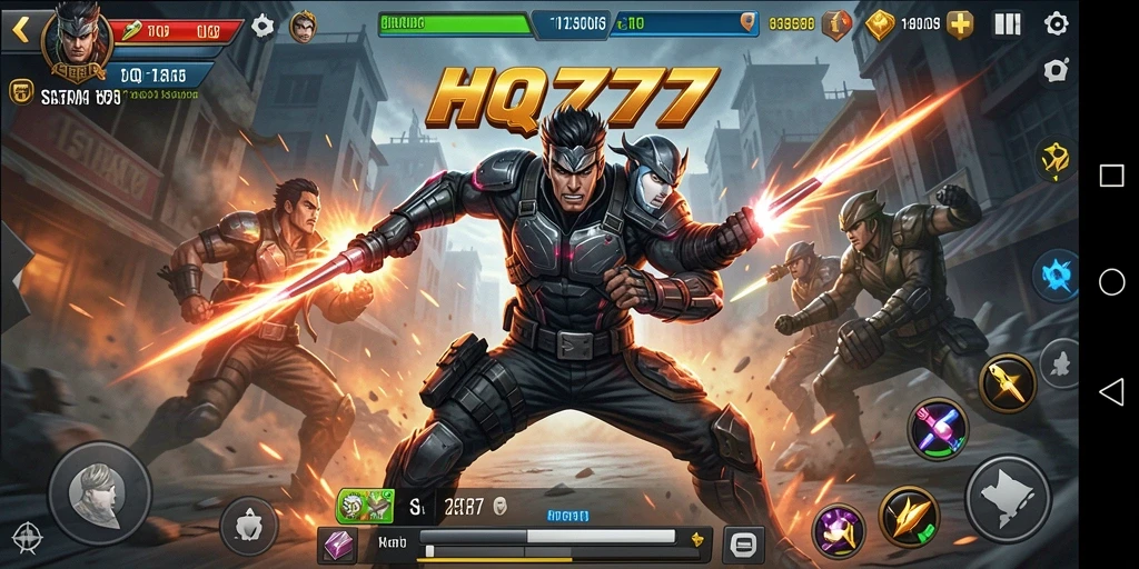 Screenshot gameplay menampilkan aksi pertarungan yang intens di HQ777.