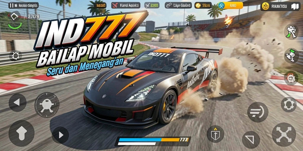 Screenshot gameplay IND777 menunjukkan mobil melaju kencang di trek balap.
