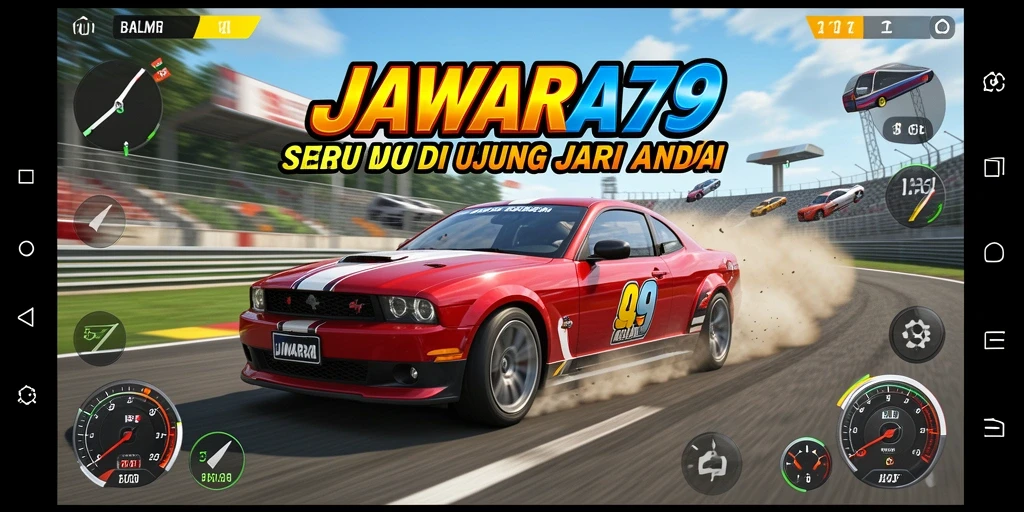 Tampilan gameplay menarik dari JAWARA79 dengan mobil balap yang cepat.