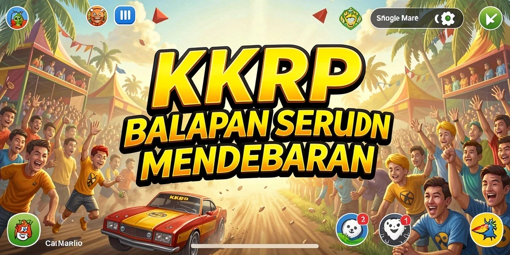 Tampilan gameplay seru KKRP dengan mobil balap di lintasan.