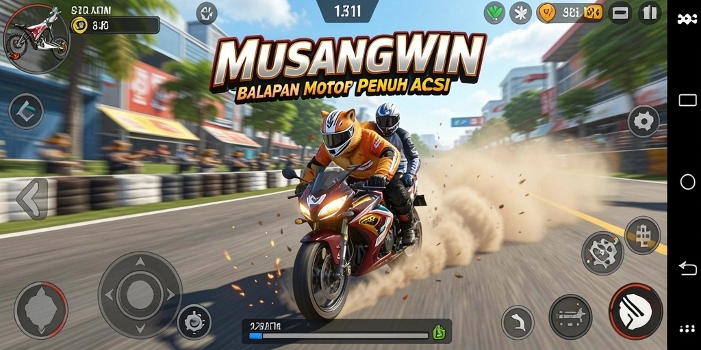 Screenshot gameplay MUSANGWIN dengan aksi balapan motor yang seru.