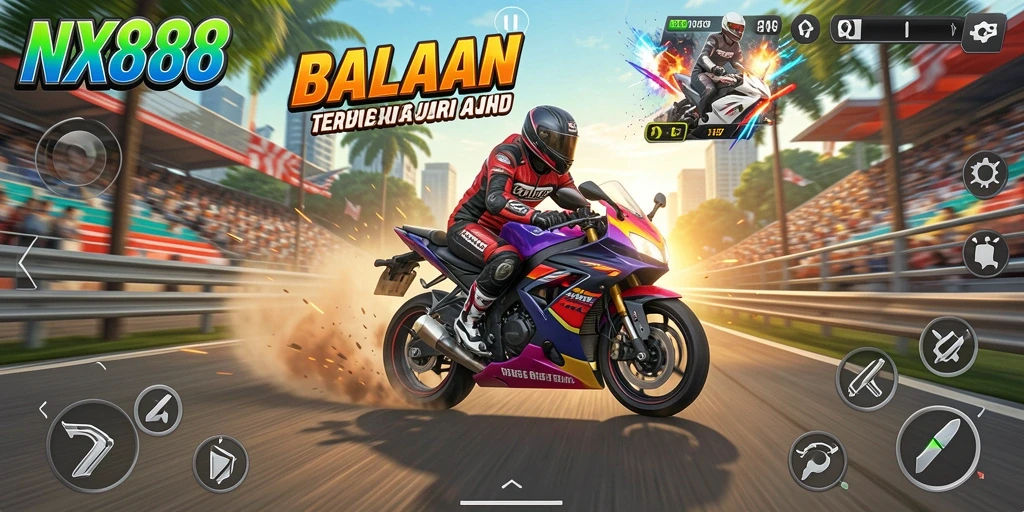Tangkapan layar gameplay balapan motor yang menegangkan.