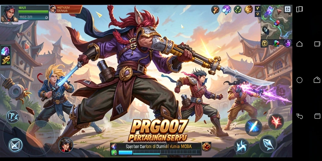 Screenshot gameplay seru PRG007 dengan aksi MOBA yang intens.