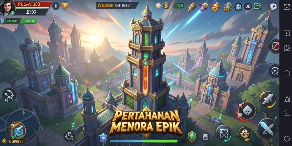 Screenshot gameplay PUSAT303 menampilkan aksi menara yang epik.