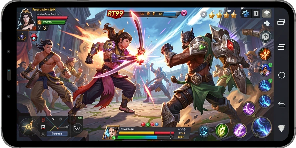 Screenshot RT99 menampilkan aksi gameplay intense dalam pertarungan MOBA.