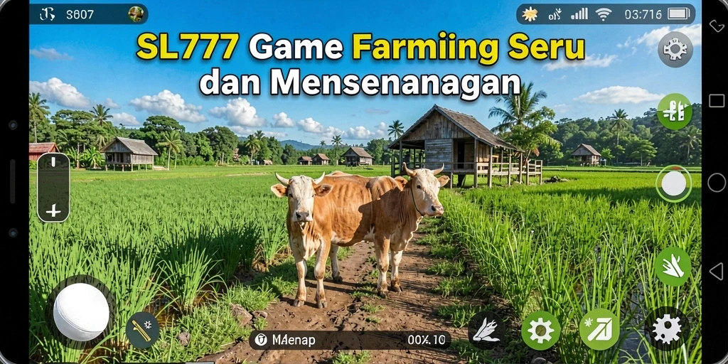 Tangkapan layar gameplay SL777 dengan kebun yang subur dan hewan ternak.